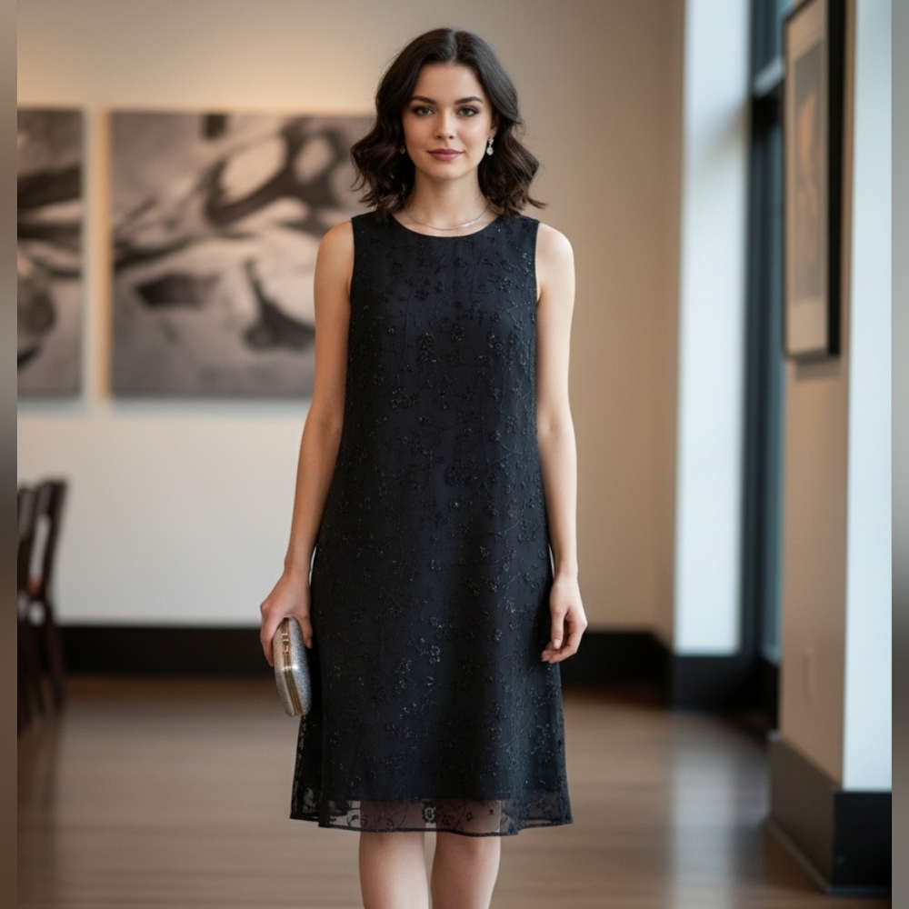 AMANDA SMITH Vtg Inspired Black Beaded Sequin Sleeveless Shift Dress, size 10P